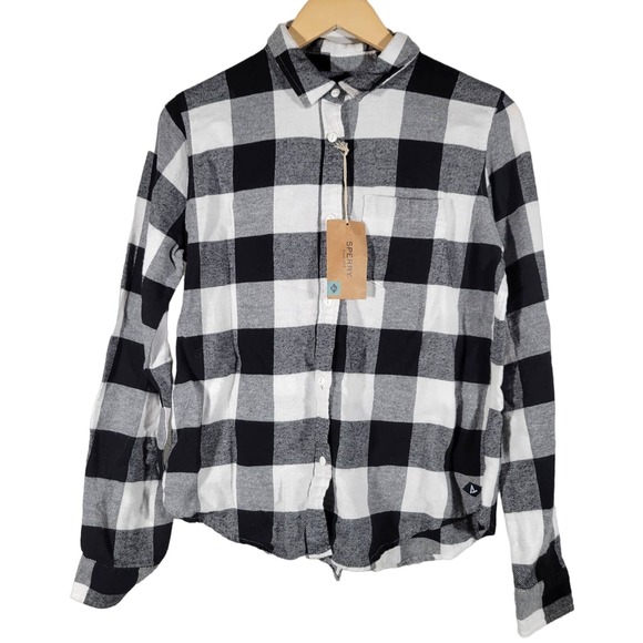 Sperry Top Woven Splitback Buffalo Check Flannel Shirt Black & White M NWT - Picture 1 of 7